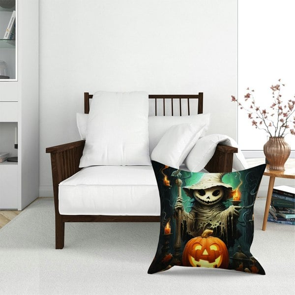 Warren Reed Creepy Ghost With Pumpkins Floor Cushion