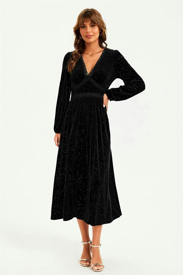 FS Collection Silver Foil Velvet Lace Trim Neckline Midi Dress In Black