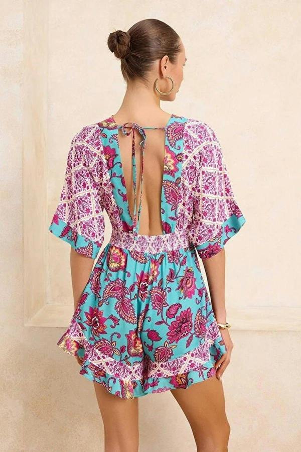 WOVCOR Ethnic Patterned Woven Cut Out Detail Beach Mini Playsuit