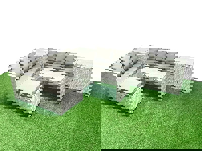 Fimous 7 Seater Garden Outdoor Rattan Furniture Set Rattan Garden Sofa Oblong Coffee Table with Big Footstool 2 Side Tables Light Grey Mixed