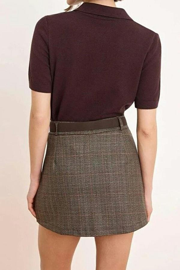 WOVCOR Belted Mini Plaid Pleated Skirt with Shorts Lining