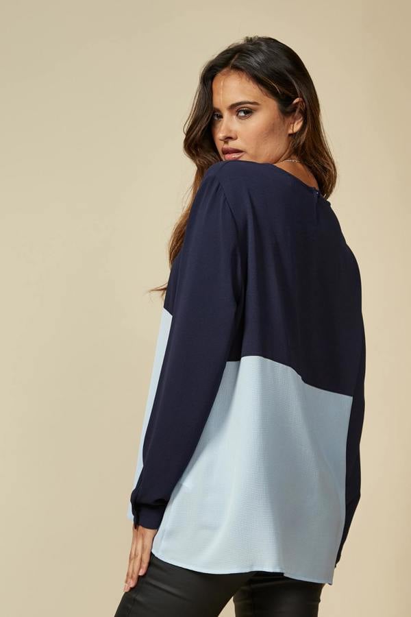 Hoxton Gal Colour Block Blouse in Navy and Blue