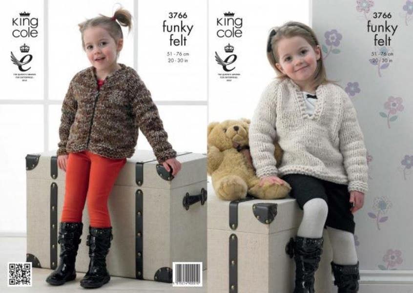 King Cole Funky Felts Knitting Pattern 3766, Jackets, Sweaters for Kids, 20 - 30 Inches - Easy