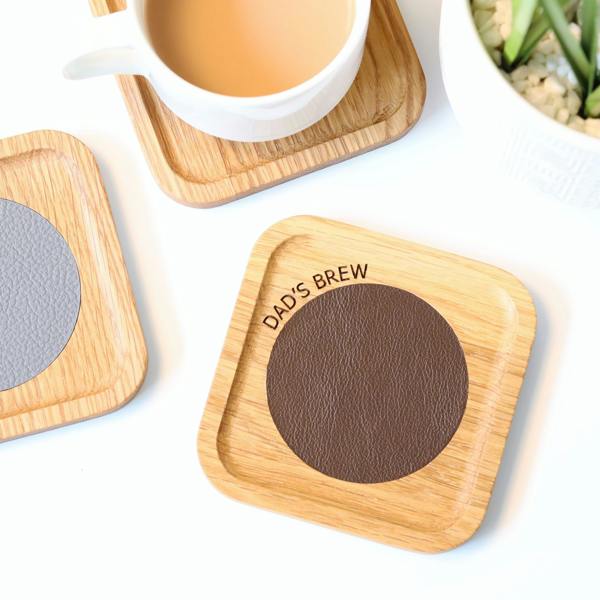MijMoj Design Personalised Solid Oak And Leather Coaster