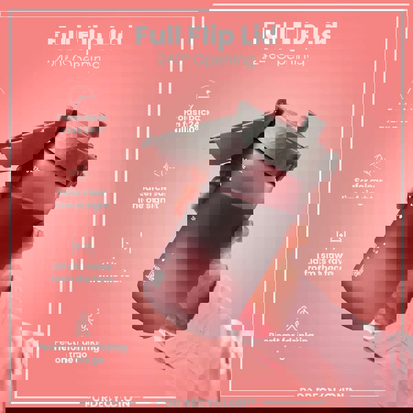A gray water bottle with a 240° flip lid is held by a person against a pink background. The bottle's lid folds completely back, providing a clear line of sight and sitting away from the face. The text reads: "Full Flip Lid 240° Opening," "POD RECYCLON™".