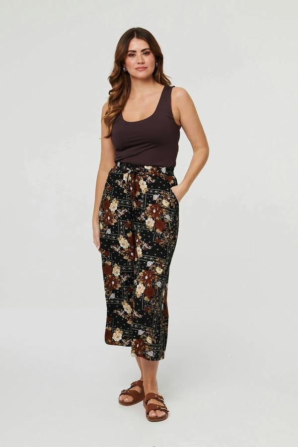 Black | Printed High Waist Wide Cropped Trousers