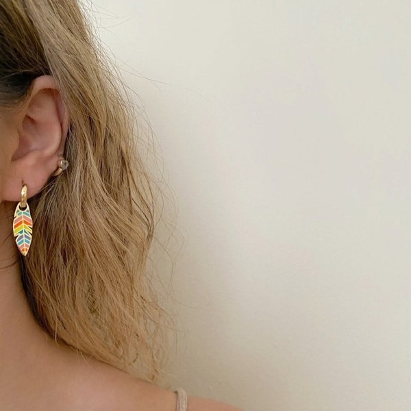 Spero London Feather Leaves Rainbow Enamel Hoop Earrings