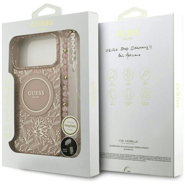 Guess IML Flowers Electro Pearl Strap MagSafe Case for iPhone 17 Pro Max 6.9" Pink - GUHMP17XHCPOFPP