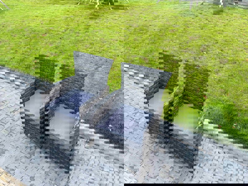 Fimous 5-Piece PE Rattan Garden Furniture with Big Round Gas Fire Pit Table and 6 Chairs for Patio Dark Grey Mixed