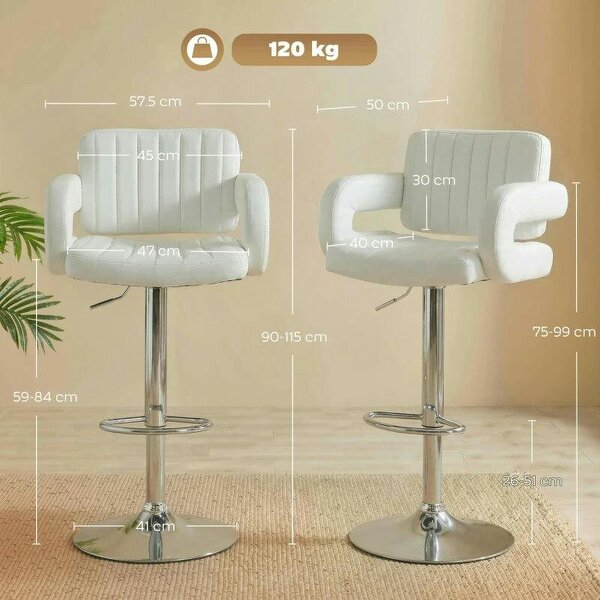 Bar Stools Adjustable Swivel Kitchen Chairs with Backrest Armrest Set of 2 PU Leather White
