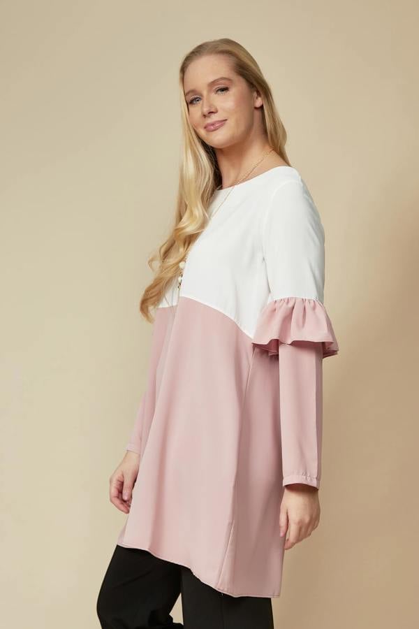 Hoxton Gal Colour Block Top with Frill Detailed on Sleeve in White and Blossom
