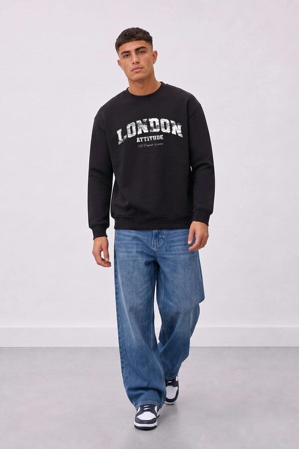 London Attitude Relaxed Fit Collegiate Graphic Sweatshirt in White