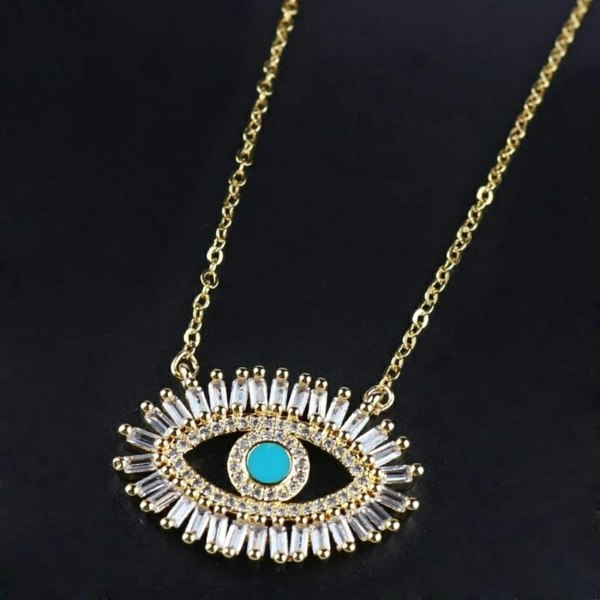 The Colourful Aura Large Turkish Evil Eye Crystal Zirconia Turquoise Eyelashes Pendant Necklace