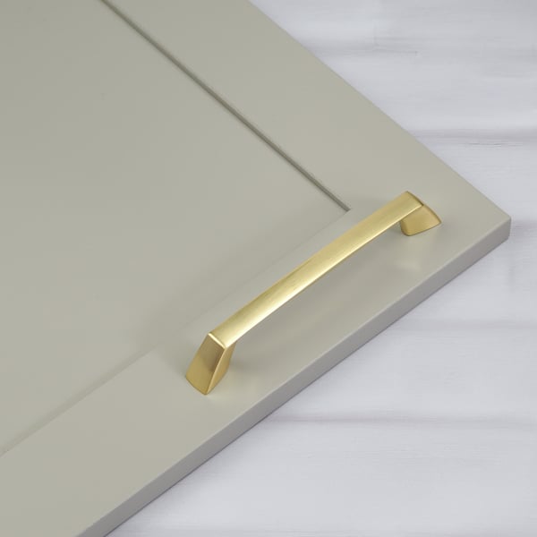 Handle & Home Brushed Brass Coordinating Tapered Handle, Cup Handle, and Coordinating Knob