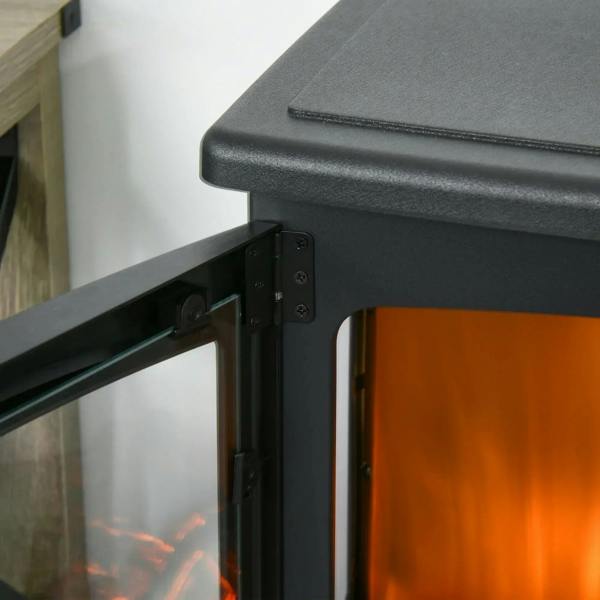 Black electric fireplace heater door hinge and tempered glass frame detail