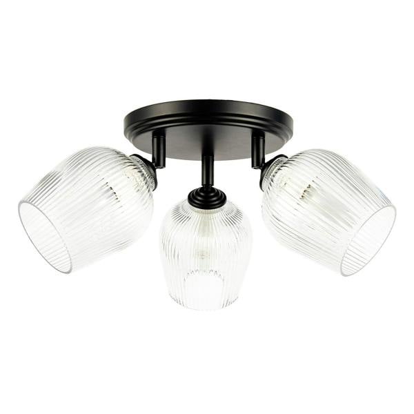 Matte Black Triple Spot Ceiling Light with Clear Ribbed Glass Shades Image 1