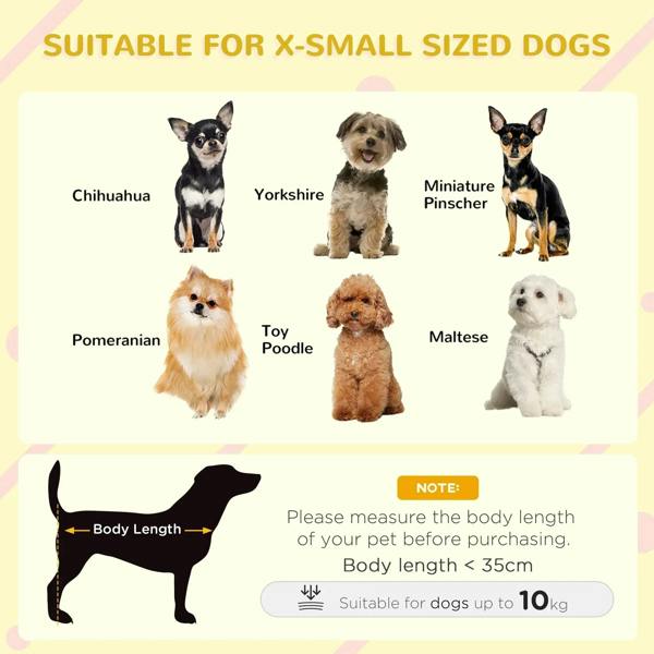 Yellow wooden elevated dog kennel for small dogs, with open front and flat top