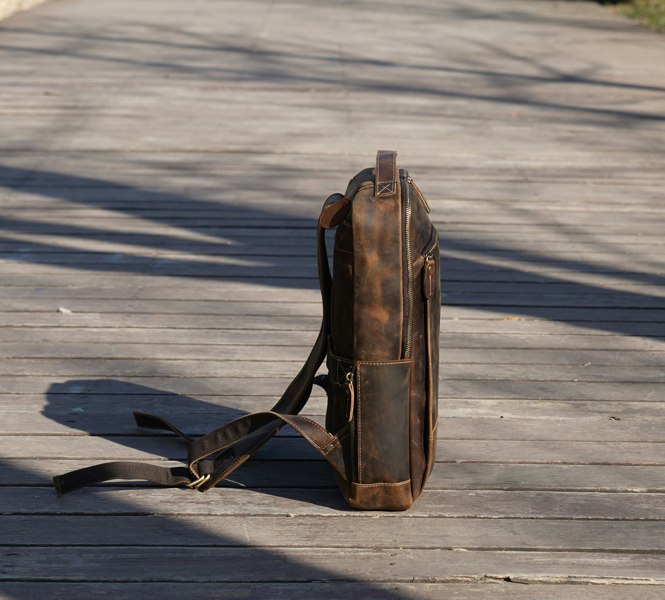 Touribag Minimalist Zip Open Leather Backpack - Dark Brown