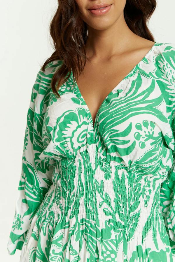 Hoxton Gal Oversized V Neck Detailed Floral Print Mini Dress in Green and White