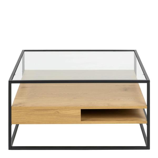 Wyld Haus Wrenna Black and Natural Oak Effect Square Coffee Table 2 Shelves Glass Top