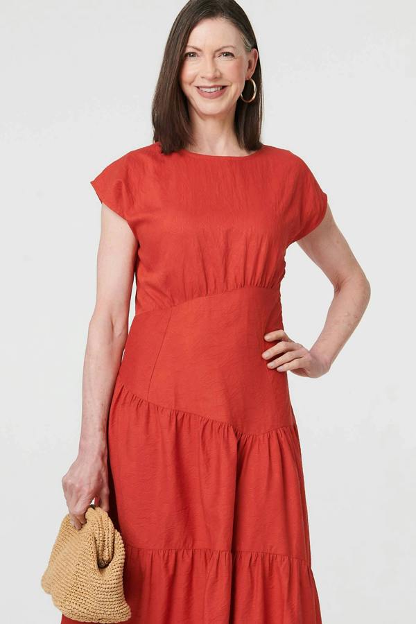 Orange | Cap Sleeve Asymmetric Tiered Midi Dress