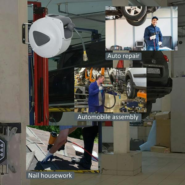 Light gray air hose reel mounted in workshop with attached air hose