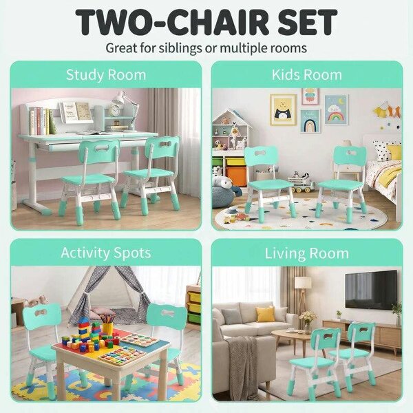 2 PCS Kids Desk Chairs, 3 Level Height Adjustable Children's Chairs with Backrest for 1.5-8 Years, Max Load 50KG, Green