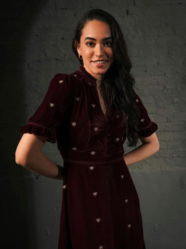 Rose & Nancy Sara Burgundy Heart Embroidered Velvet Dress