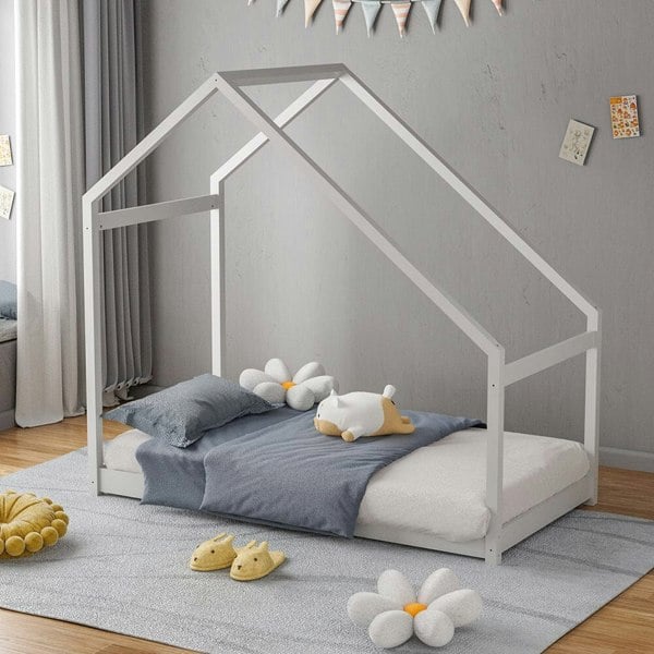 White Pine Wood House Frame Toddler Floor Bed Bed Frames Living and Home