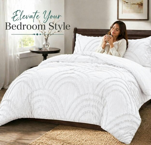 Night Zone Zara Chenille Tufted Duvet Cover Set – Textured Polyester Bedding with Pillowcases - White