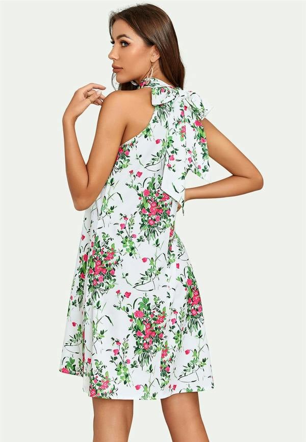 FS Collection Pink Floral Print Halter Neck Tie Back Mini Dress In White