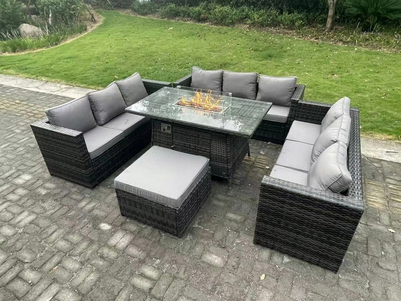 Fimous Rattan Garden Furniture Sofa Set Outdoor Patio Gas Fire Pit Dining Table Gas Heater Burner With Big Footstool 10 Seater Dark Grey Mixed