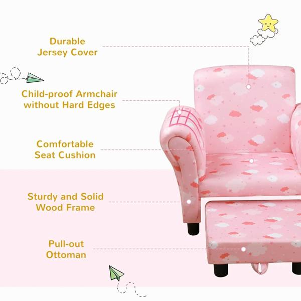 Pink cloud-pattern toddler armchair on dark legs with pull-out footrest ottoman