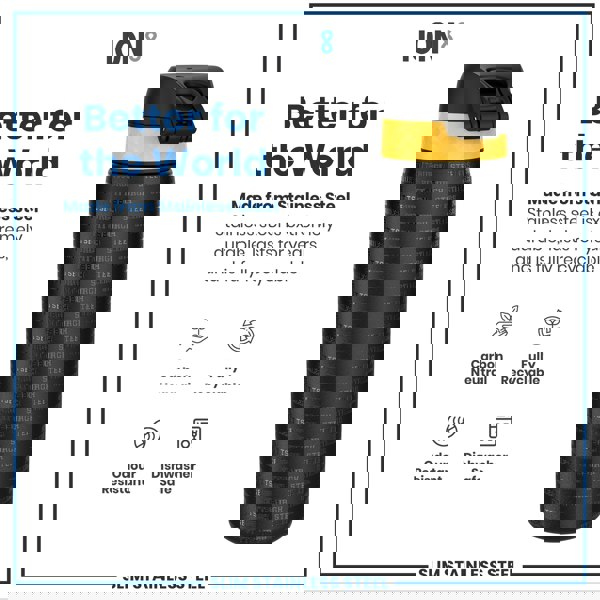 A stainless steel water bottle sits against a white background. It features a black body with a yellow top and repeated "Pittsburgh Steelers" text. The bottle is described as durable, recyclable, and dishwasher safe.