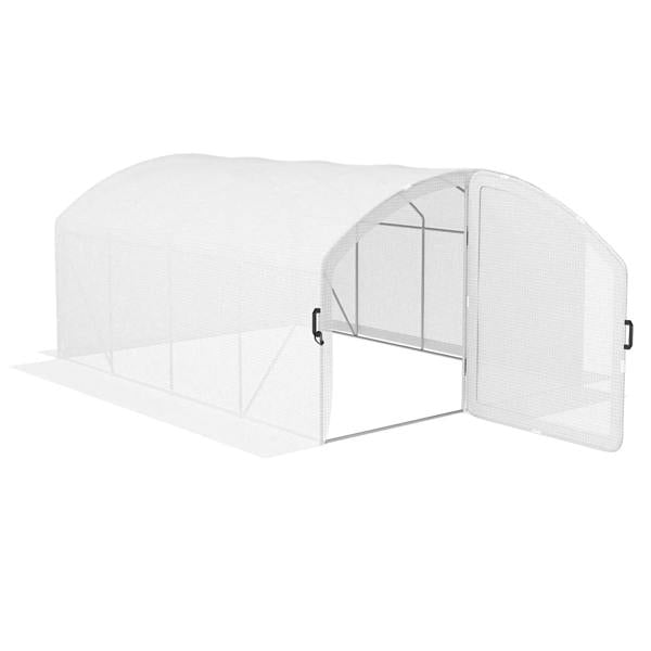 White walk-in greenhouse with zip door panels and galvanized steel frame