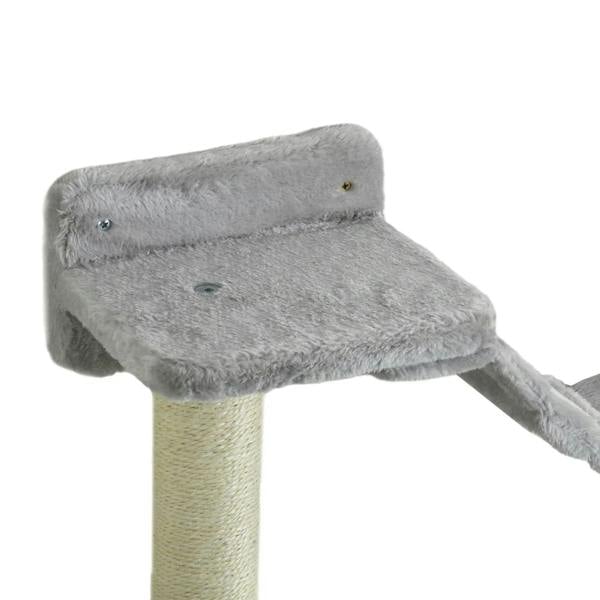 Grey plush cat tree hammock platform with beige support pole