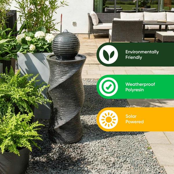 Gardenwize Solar Water Feature – Twisted Ball Fountain with LED Lights & Battery Backup