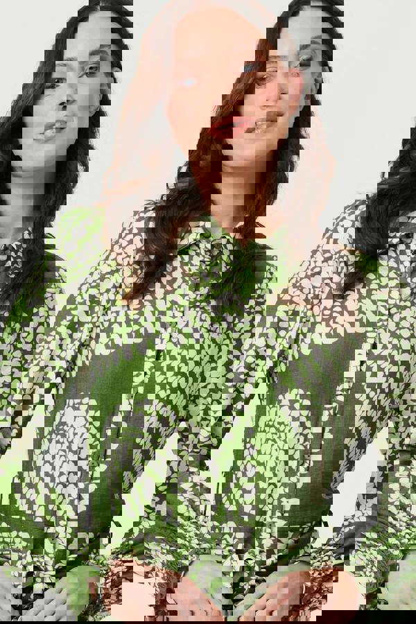 Green | Printed Balloon Sleeve Midi Shirt Dress