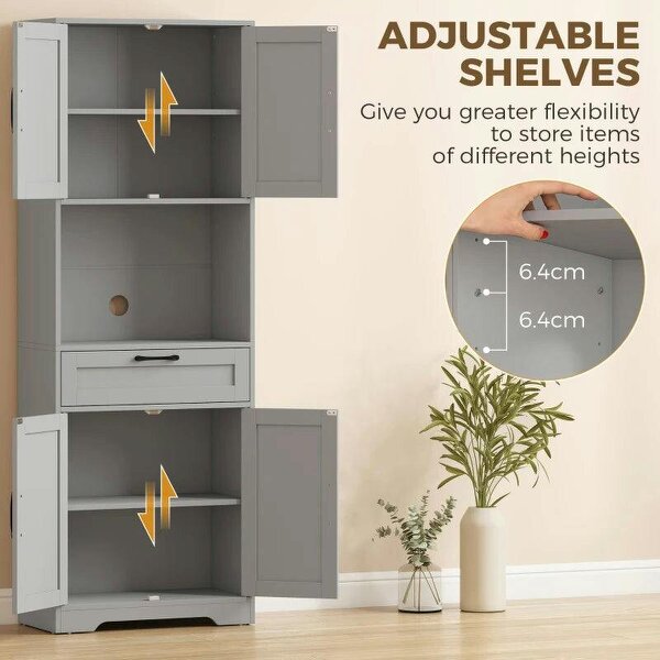 170 cm Tall Kitchen Pantry with Adjustable Shelves, Freestanding Storage Cabinet with Open Shelf, Grey