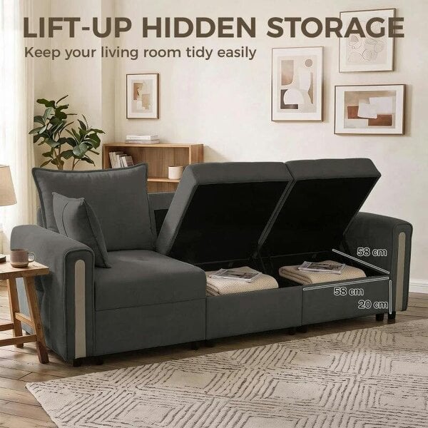 3 Seater Sofa with Lift-Up Storage, 228cm Comfy Velvet Couch with Wide Deep Seat, Dark Grey