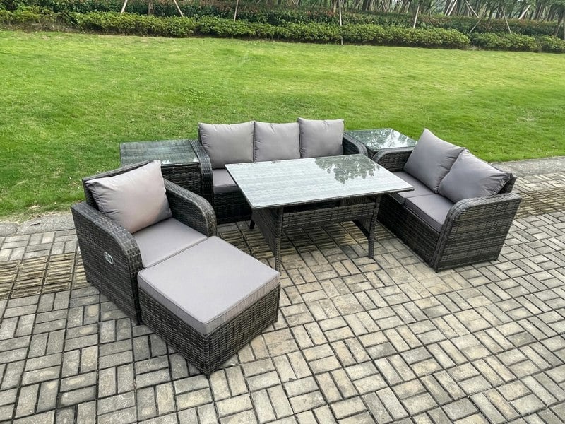 Fimous 7 Piece Rattan Garden Furniture Set with Patio Sofa Rectangular Dining Table 2 Side Table Big Footstool Indoor Conservatory Patio Set