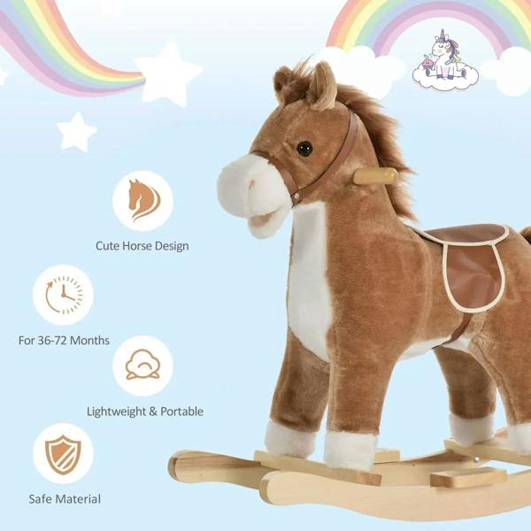 Kids brown plush rocking horse with white muzzle and saddle detail, standing on wooden rockers