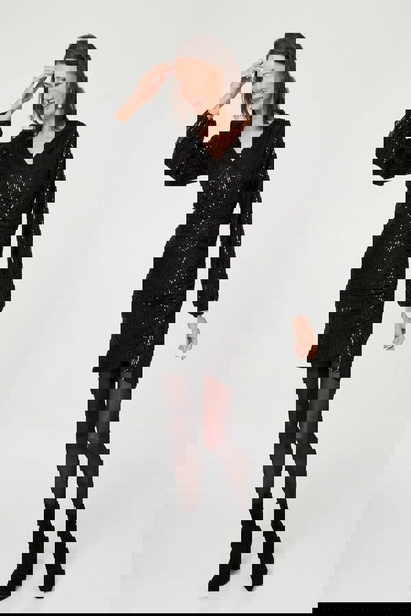 Black | Sequinned Long Sleeve Short Wrap Dress
