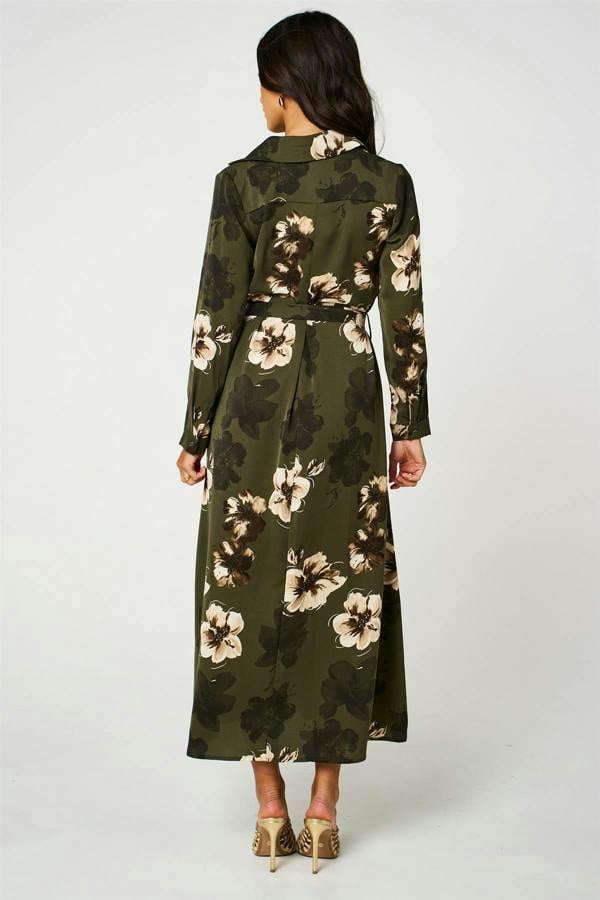 FS Collection Large Floral Long Sleeve Belted Shirt Dress In Olive Green