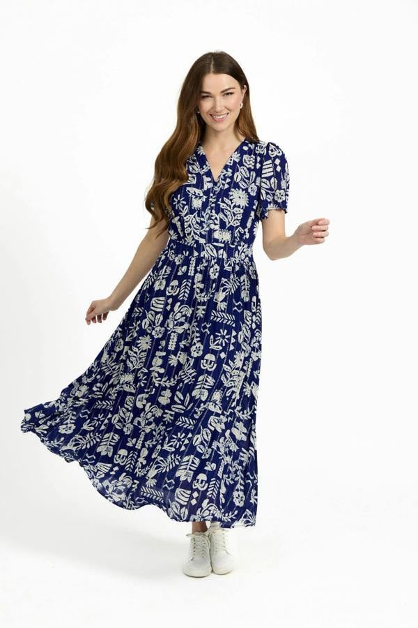 Mudflower Leaf Print Button-Up V-Neck Lurex Dress