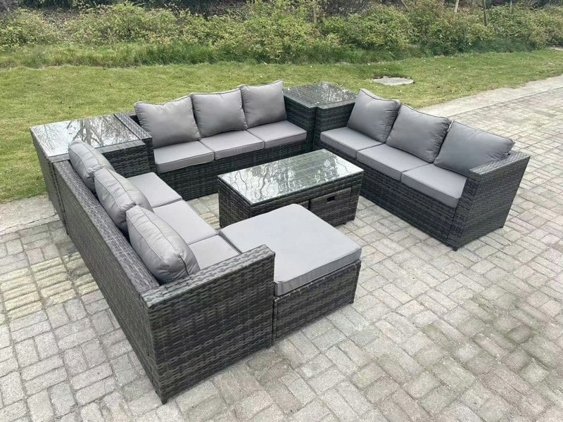 Fimous Outdoor Rattan Garden Furniture Lounge Sofa Set With Oblong Rectagular Coffee Table Big Footstool and 2 Small Stools 2 Side Table