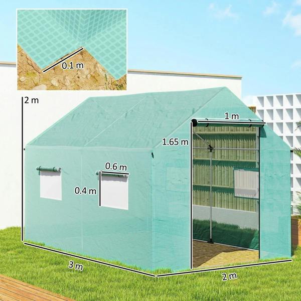 Green walk-in polytunnel greenhouse with zip-front door and roll-up frame