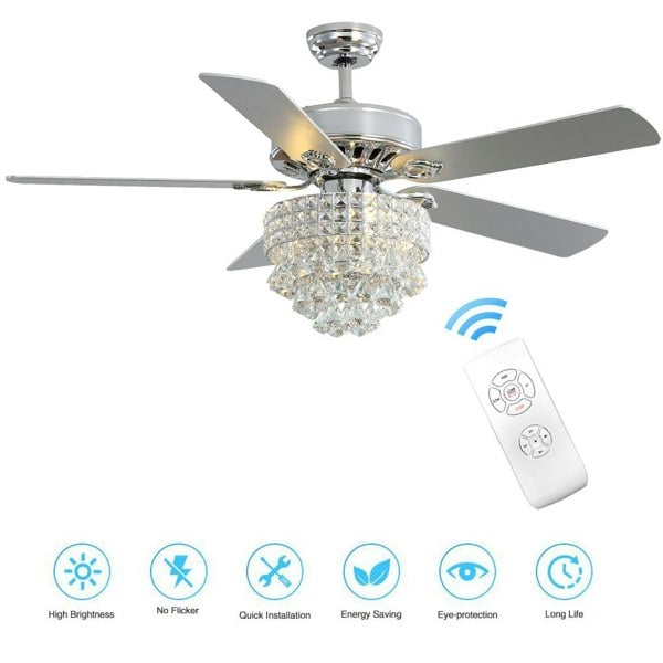 Chrome Ceiling Fan 5 Blades LED Crystal Chandelier & Remote Control 52Inch Ceiling Light Living and Home