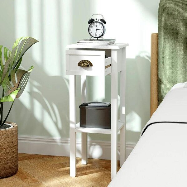 2-Tier Side Tables Set of 2 with Drawer and Shelf, 2 Pieces Bedside Tables for Living Room and Hallway, White