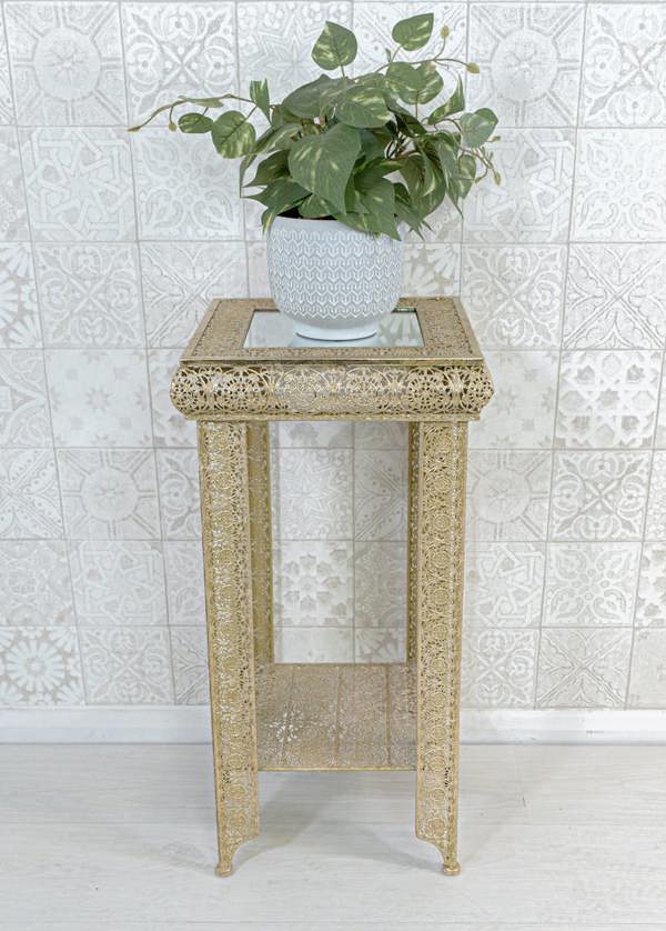 Light Gold Embossed Metal Mirrored Glass Side Table with Shelf - Agadir Range